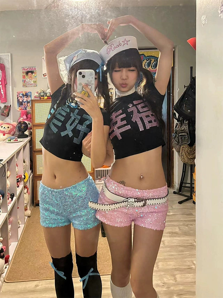 Happiness, beauty, Chinese characters rhinestone navel sequin shorts