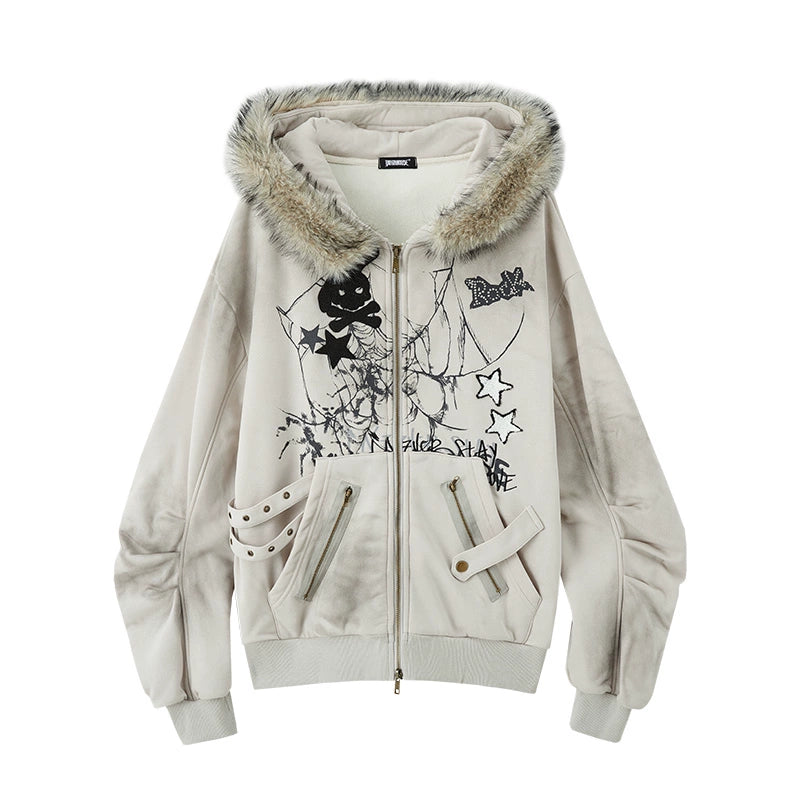Rabbit ear hooded jacket, grey cotton coat