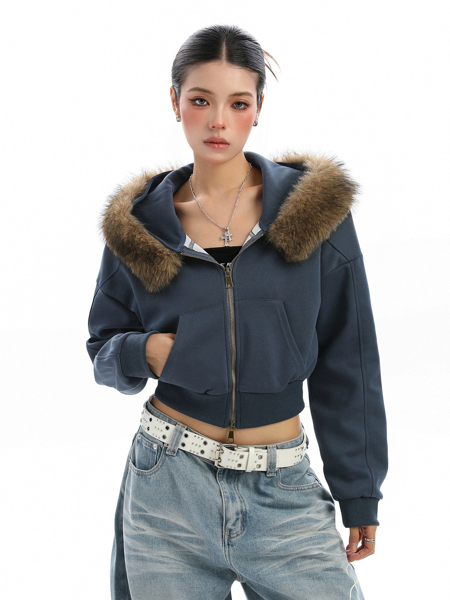 Detachable fur collar hooded short hoodie