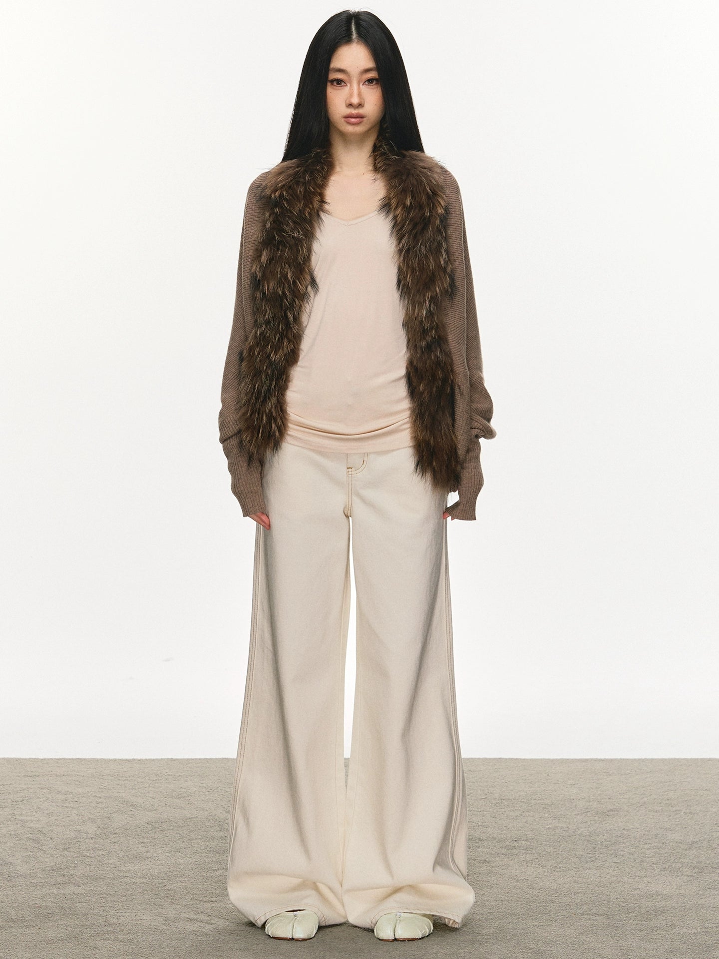 Woolen collar spliced sweater cardigan