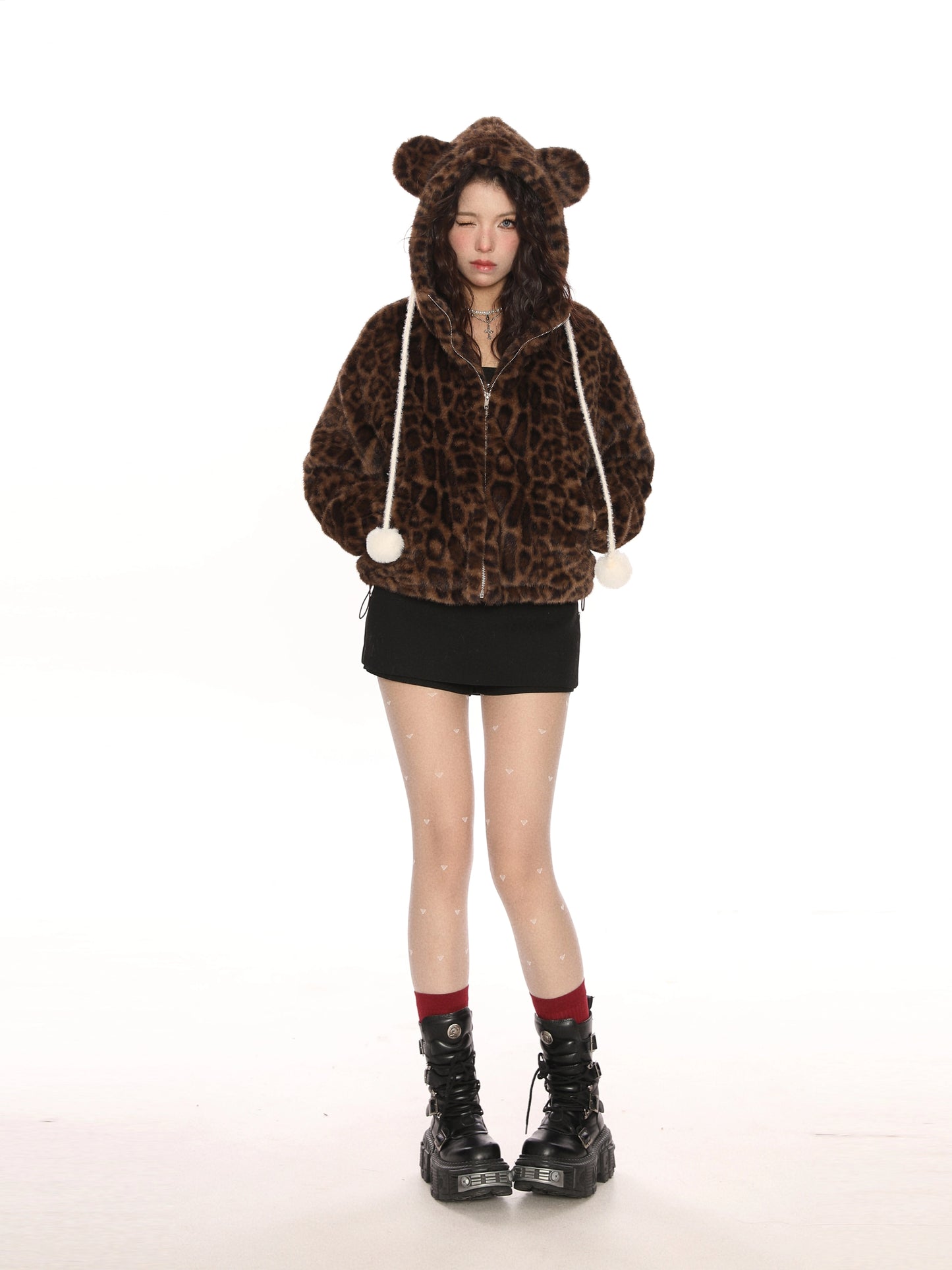 Hooded teddy bear ear leopard print cotton jacket