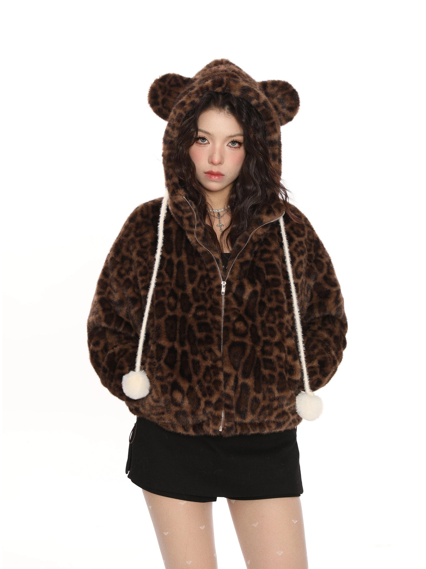 Hooded teddy bear ear leopard print cotton jacket