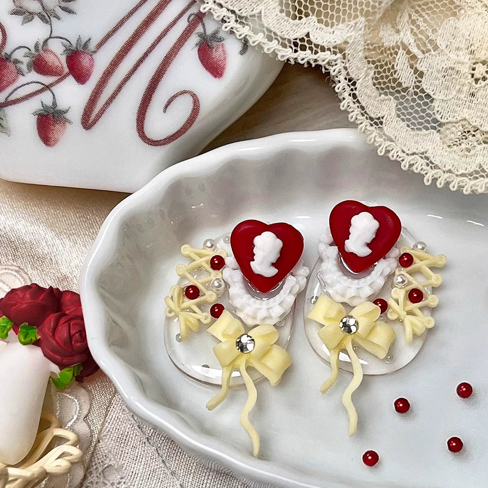 ~* De Xun Girl Ribbon Pack *~Wine Red Girl Portrait&Ballet Ribbon Earrings