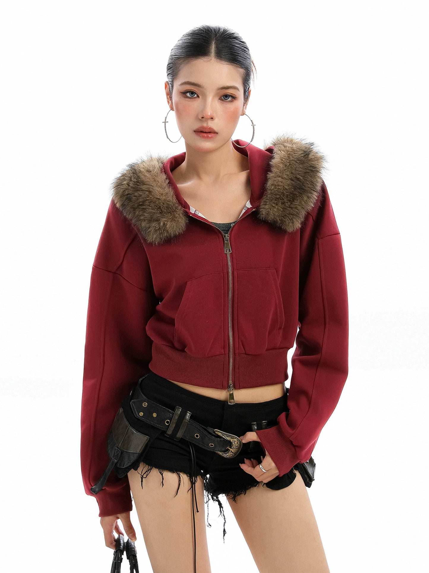 Detachable fur collar hooded short hoodie