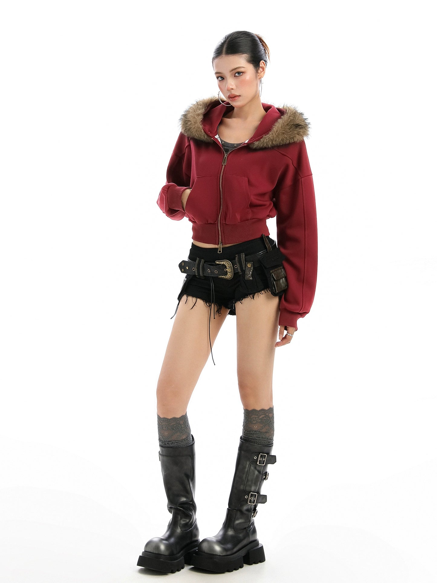 Detachable fur collar hooded short hoodie
