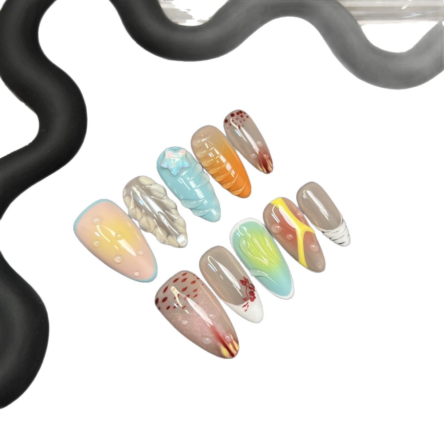 Three dimensional carved French nail art almond shaped handmade nail tip