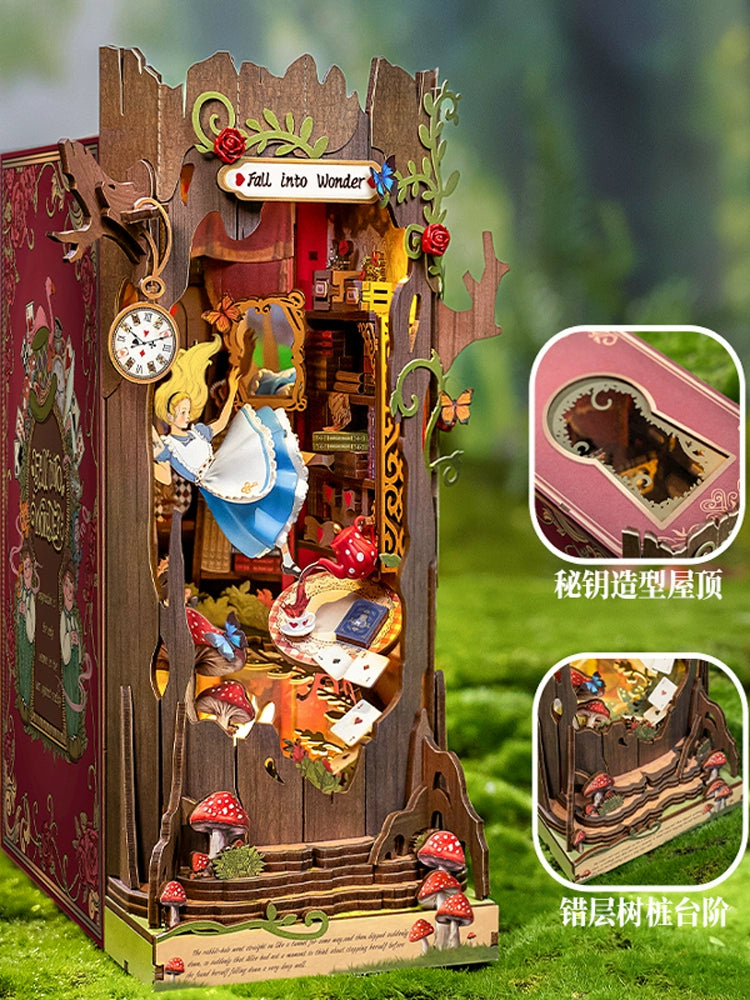 Alice falls into Wonderland, book stands, DIY hut assembles handmade building blocks