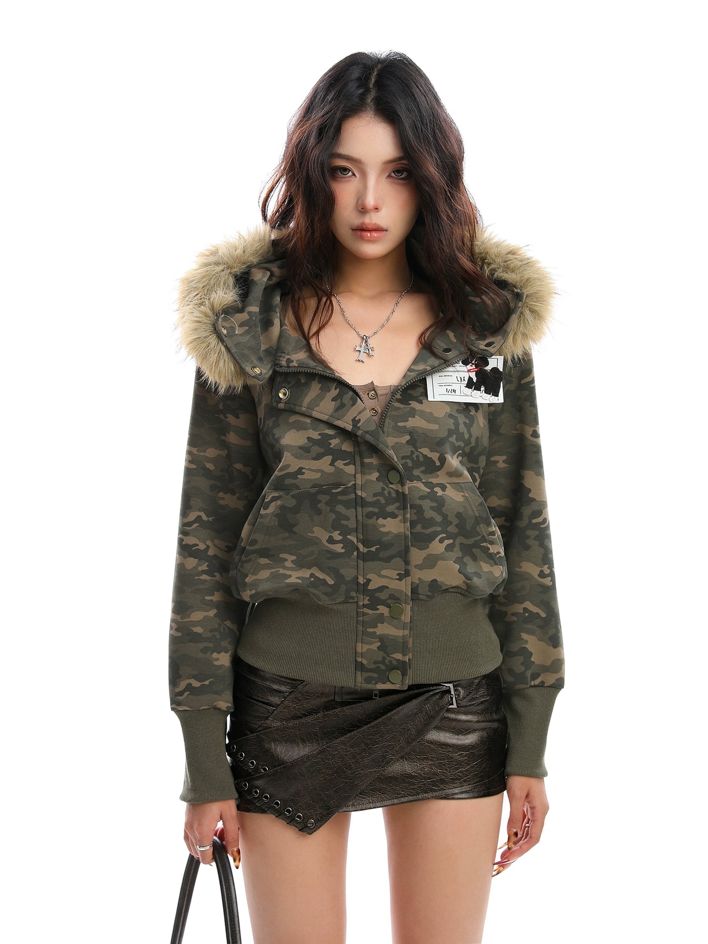 fur collar camouflage hooded jacket