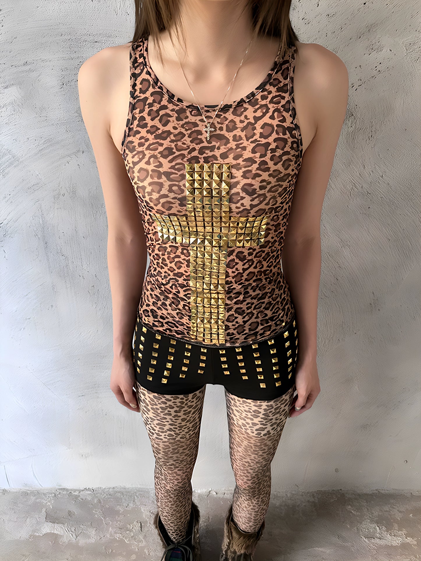 Gold Rivet Large Cross Leopard Print Vest