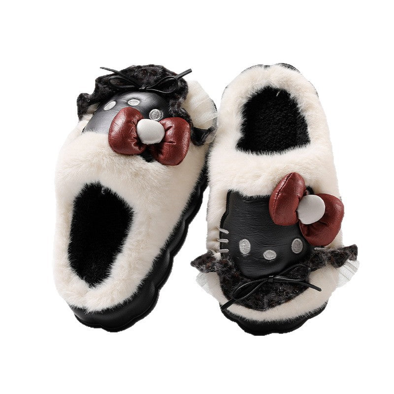 Dark leather plush Hello Kitty slippers