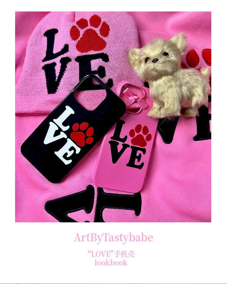 * LOVE dog print phone case, black/pink