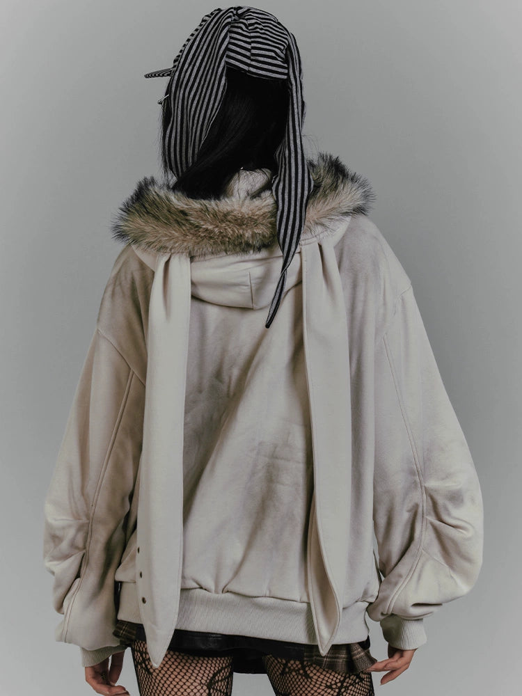 Rabbit ear hooded jacket, grey cotton coat