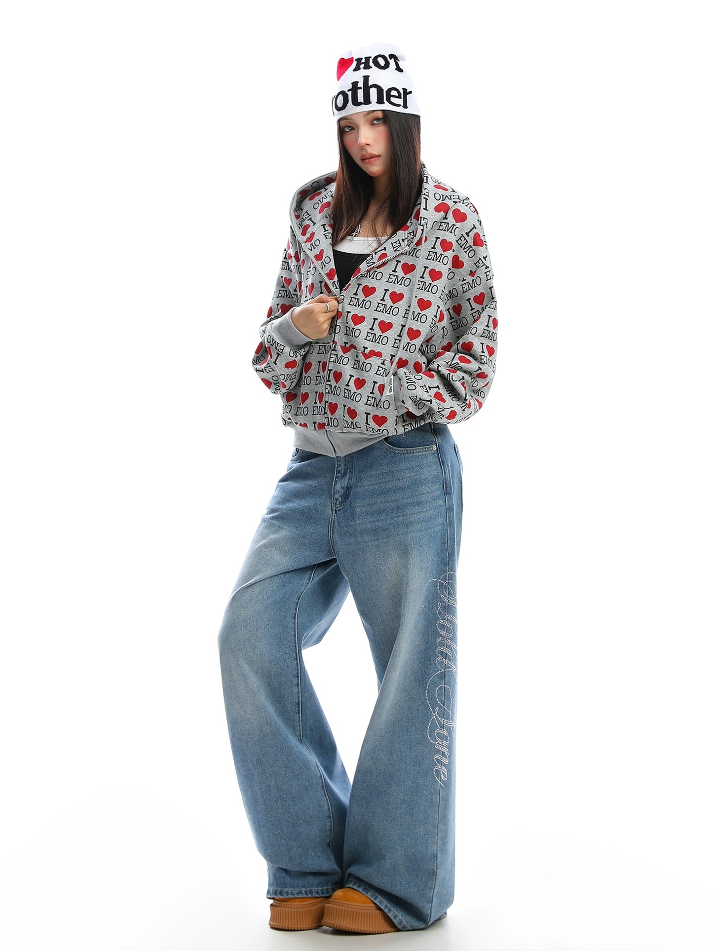 Full printed English love hooded sweatshirt