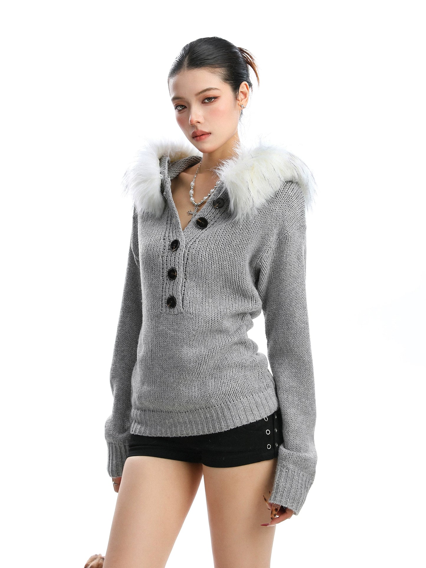 Detachable fur collar Henry collar sweater