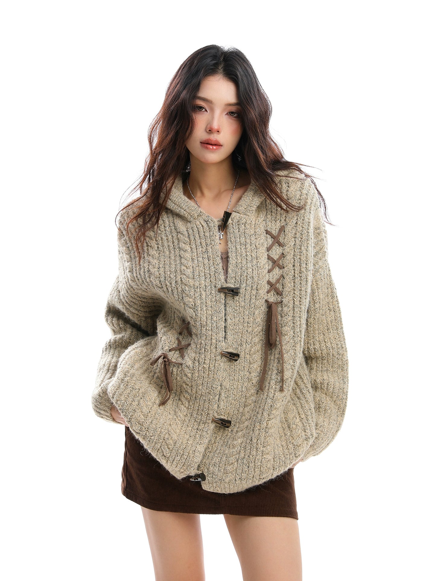 Cute rabbit ear hooded sweater with cow horn buckle