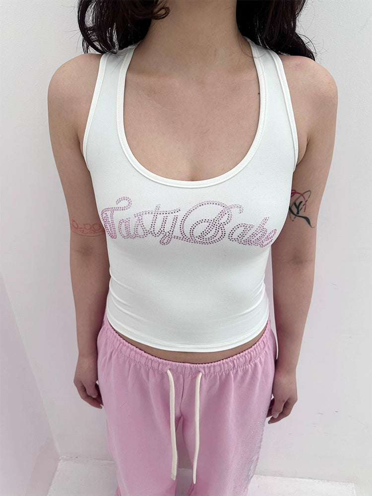 elastic square collar rhinestones vest