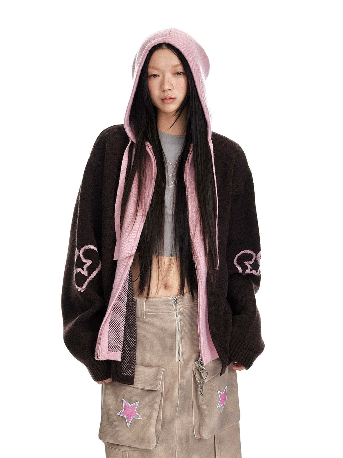 Color blocked fake two-piece hooded cardigan jacquard zipper knitted cardigan