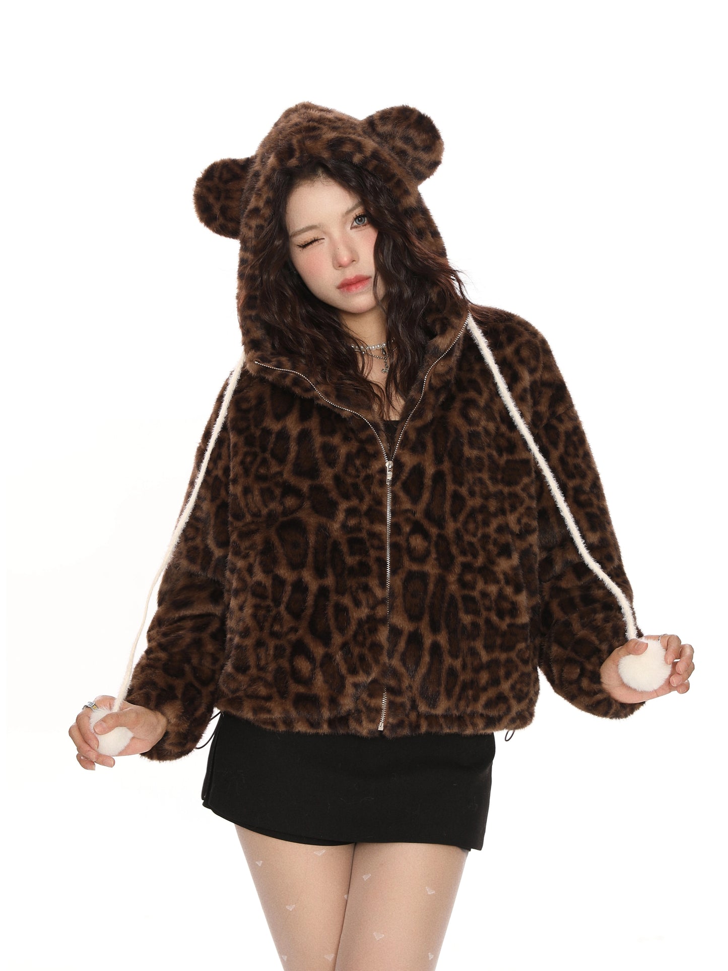Hooded teddy bear ear leopard print cotton jacket