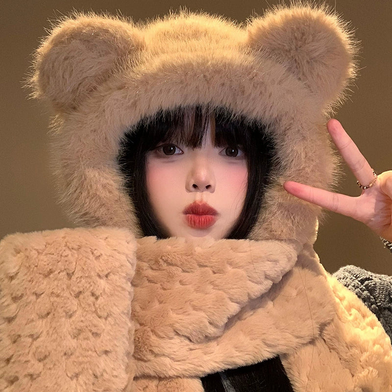 Cute little bear with ears, hat, scarf in one