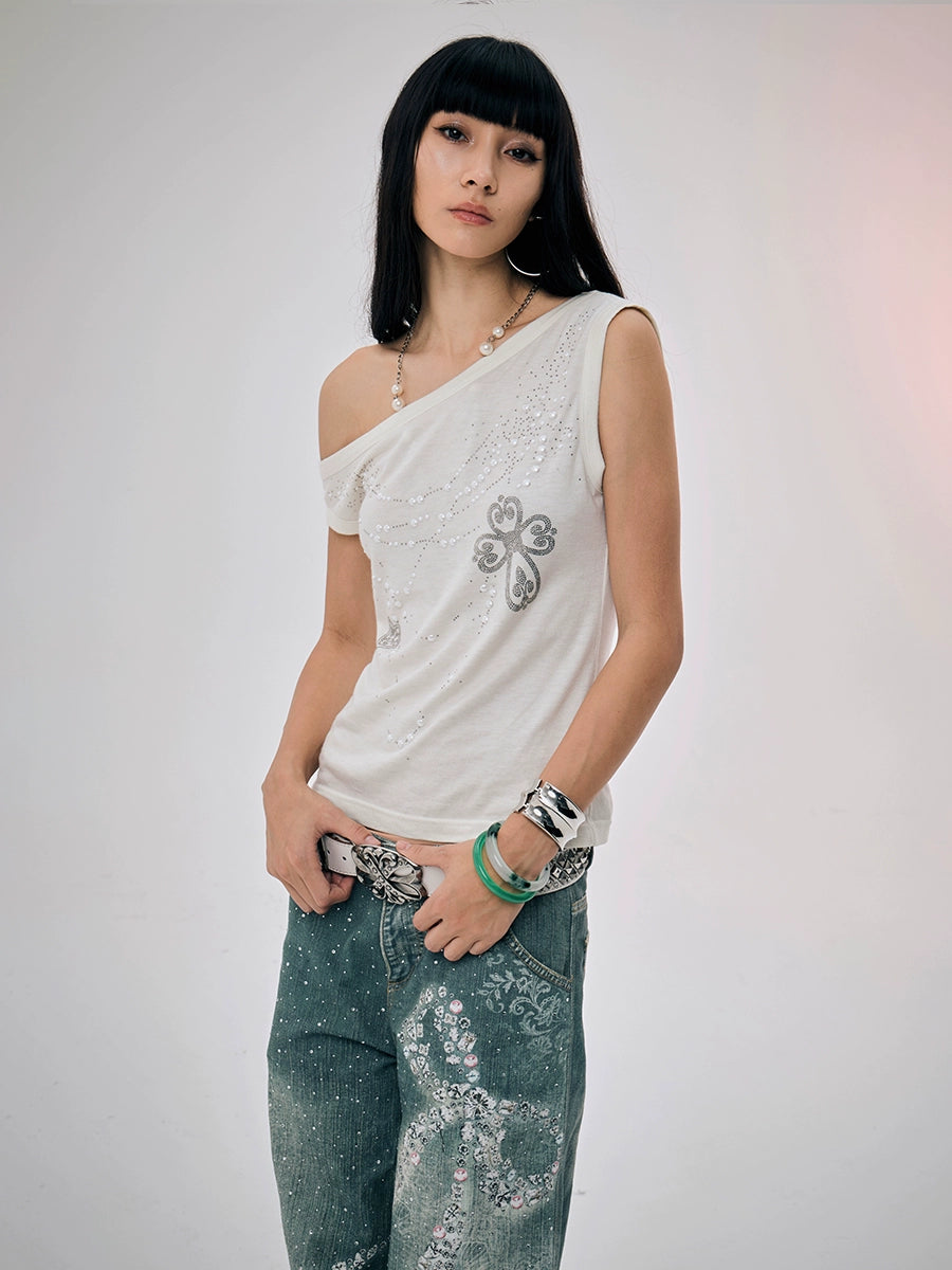pearl necklace one shoulder top