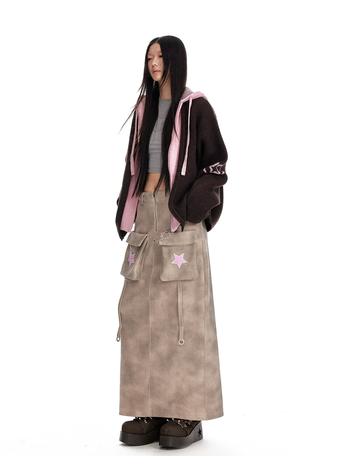 Color blocked fake two-piece hooded cardigan jacquard zipper knitted cardigan