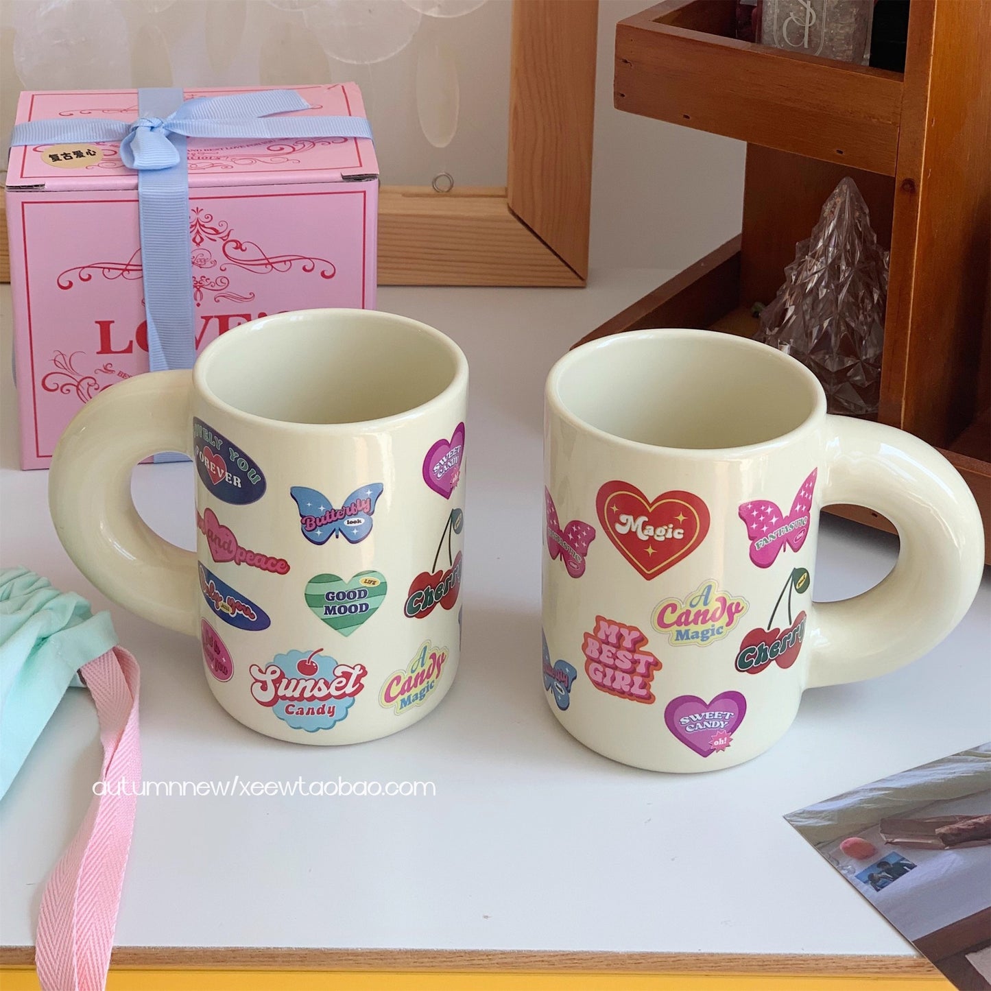 Small niche girl heart fat handle ceramic cup gift box set