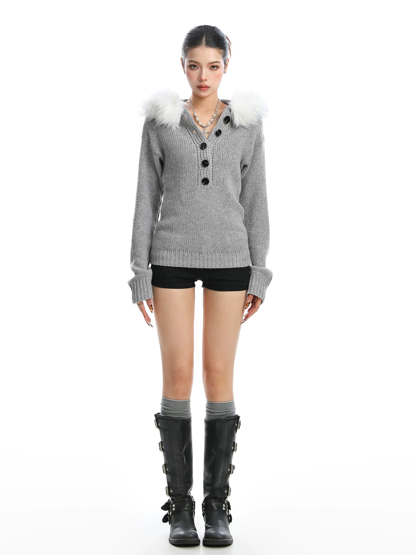 Detachable fur collar Henry collar sweater