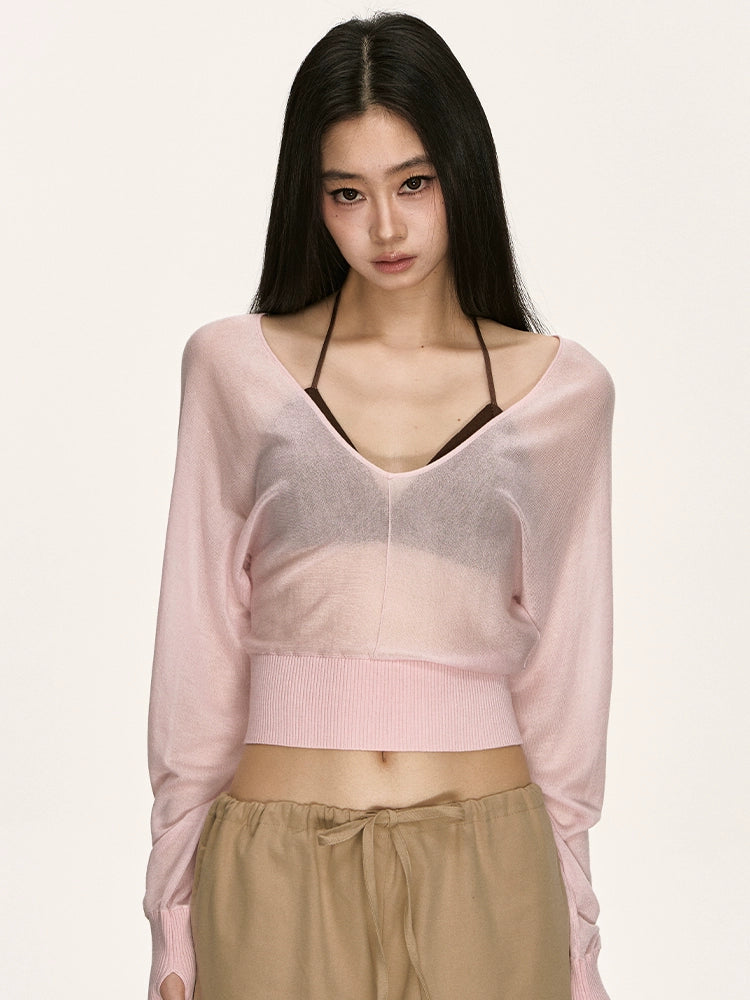 V-neck bat sleeve knitted top