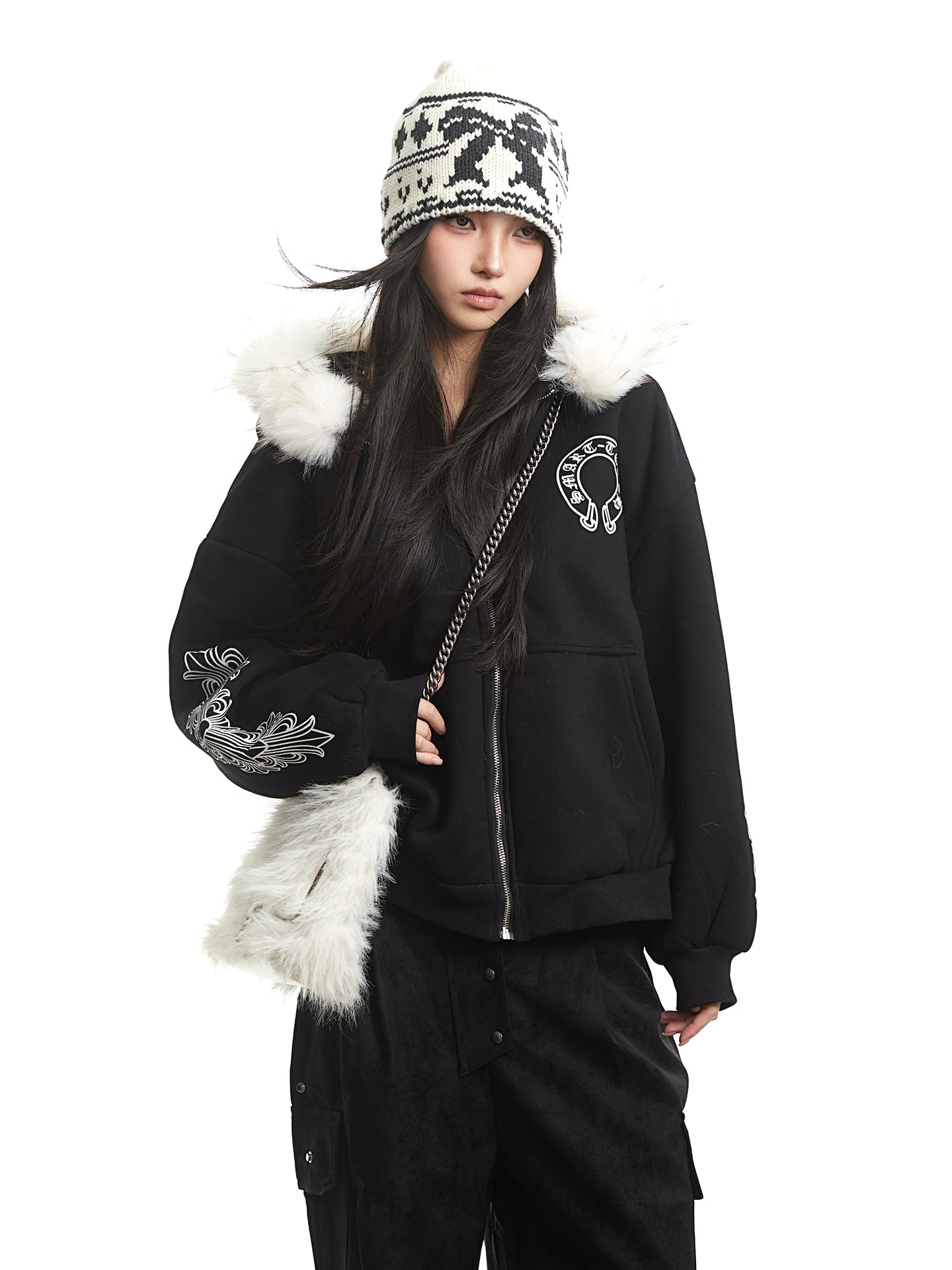 Gothic printed fur collar hooded sweatshirt