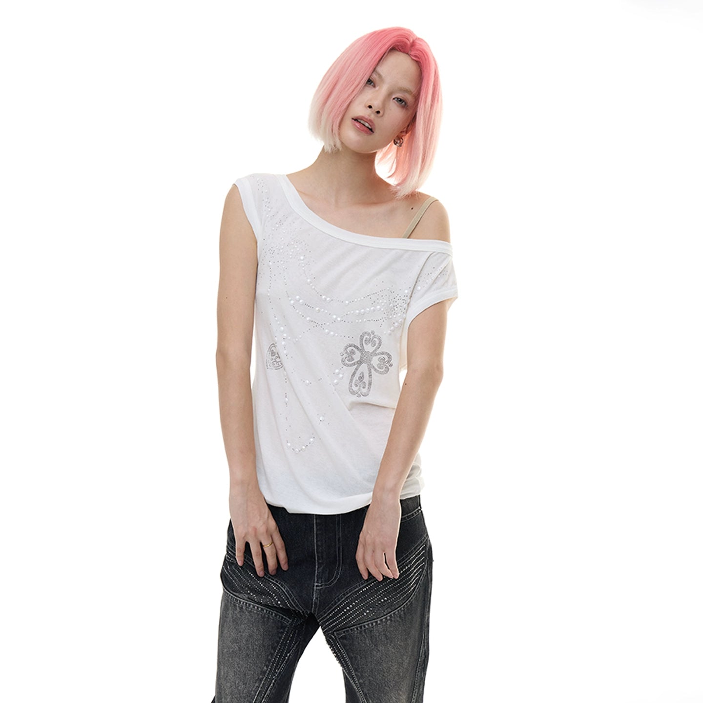 pearl necklace one shoulder top