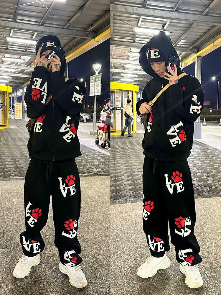 LOVE Patch Embroidered Fleece Hooded Sweater Set