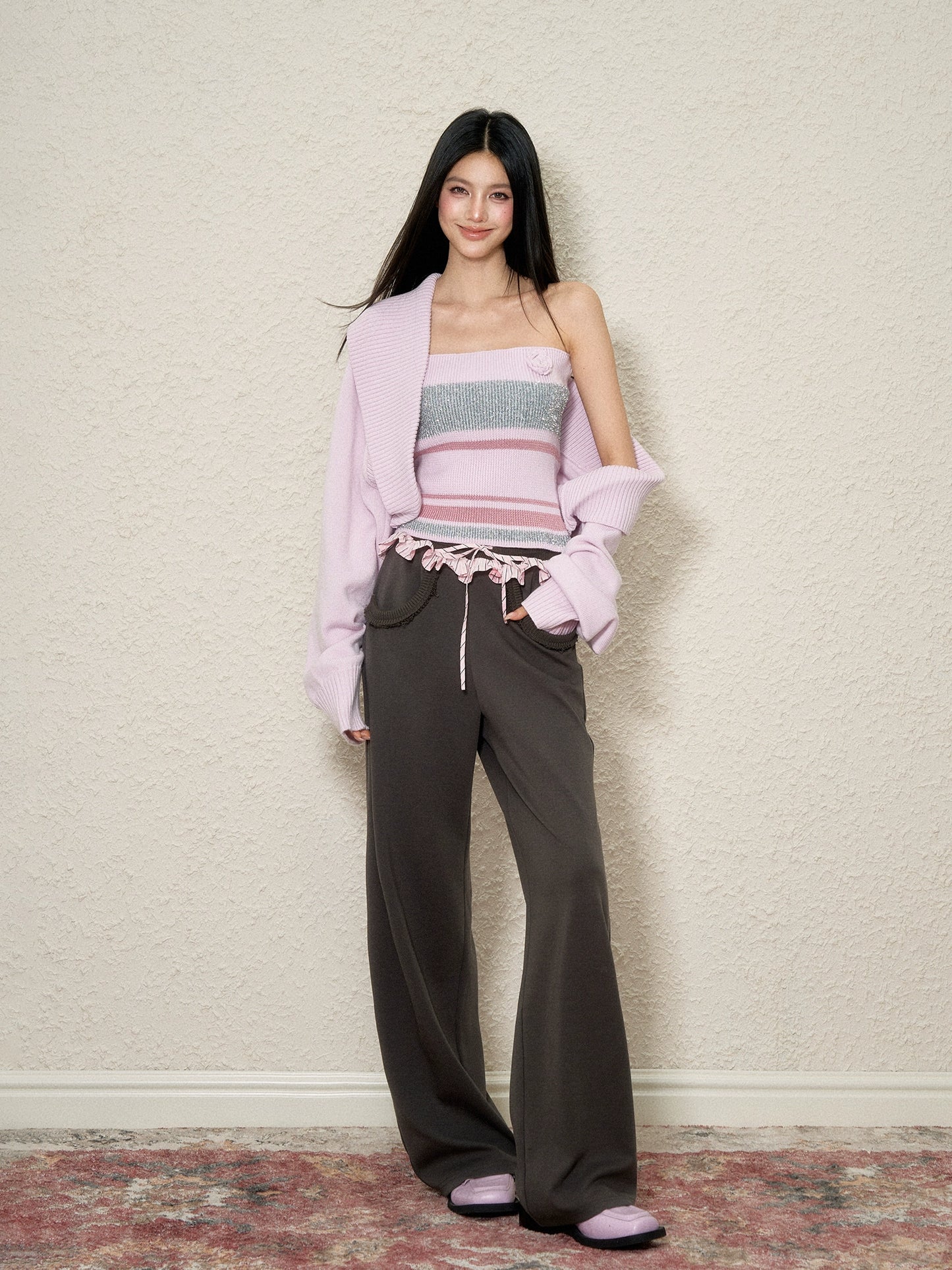 wool shiny silk cami knitted sweater set