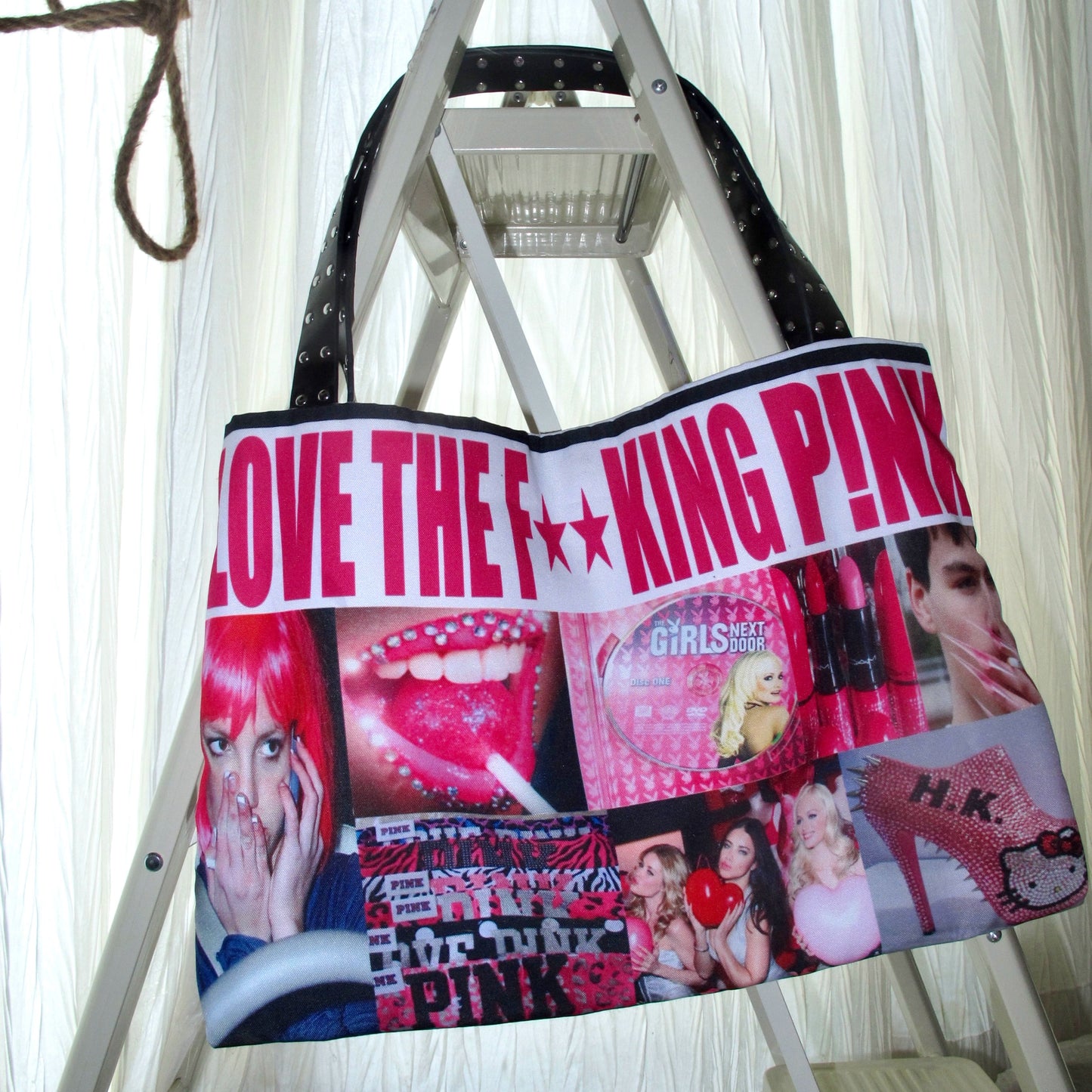 Pink portrait print orange shoulder bag