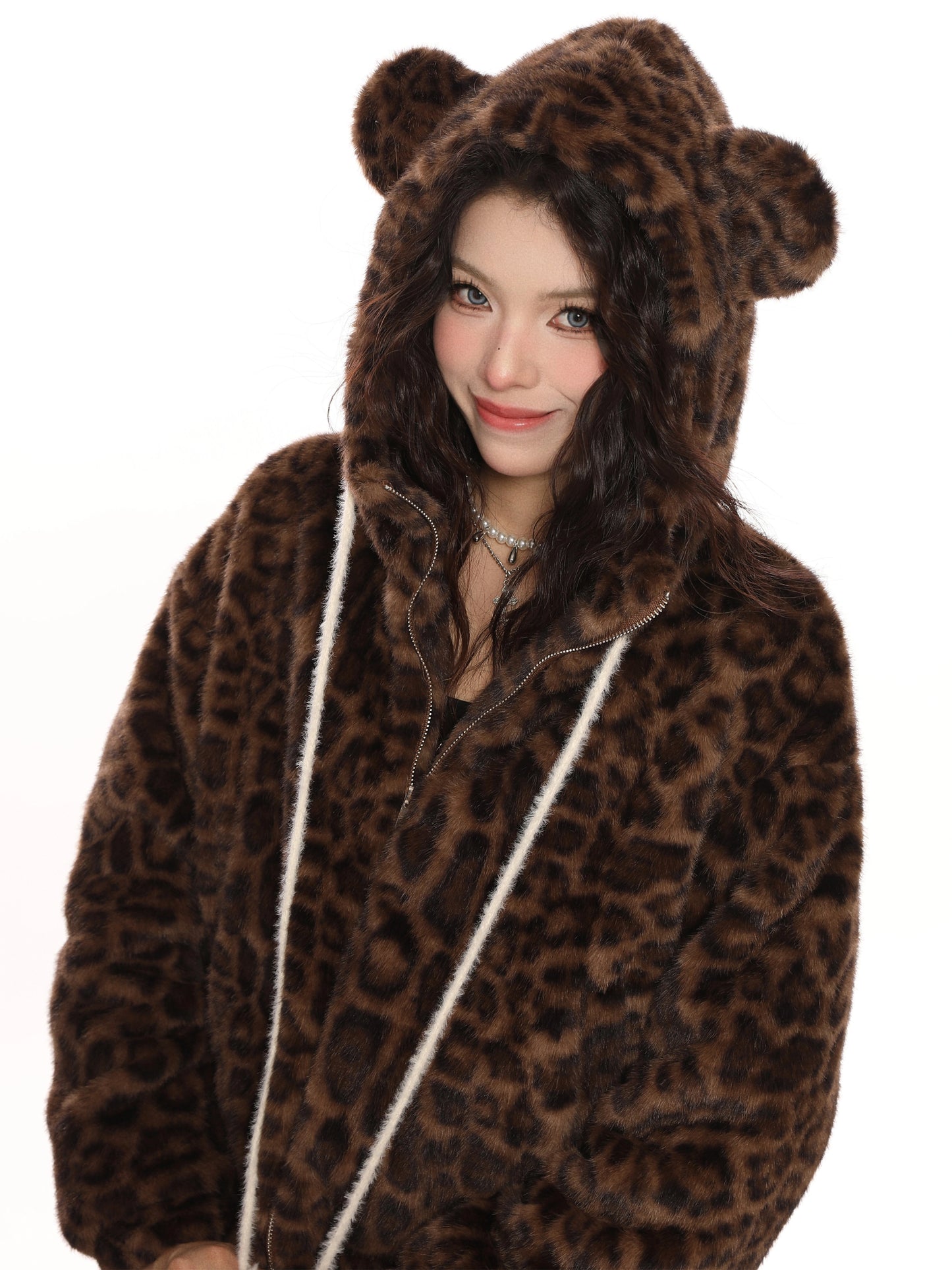 Hooded teddy bear ear leopard print cotton jacket
