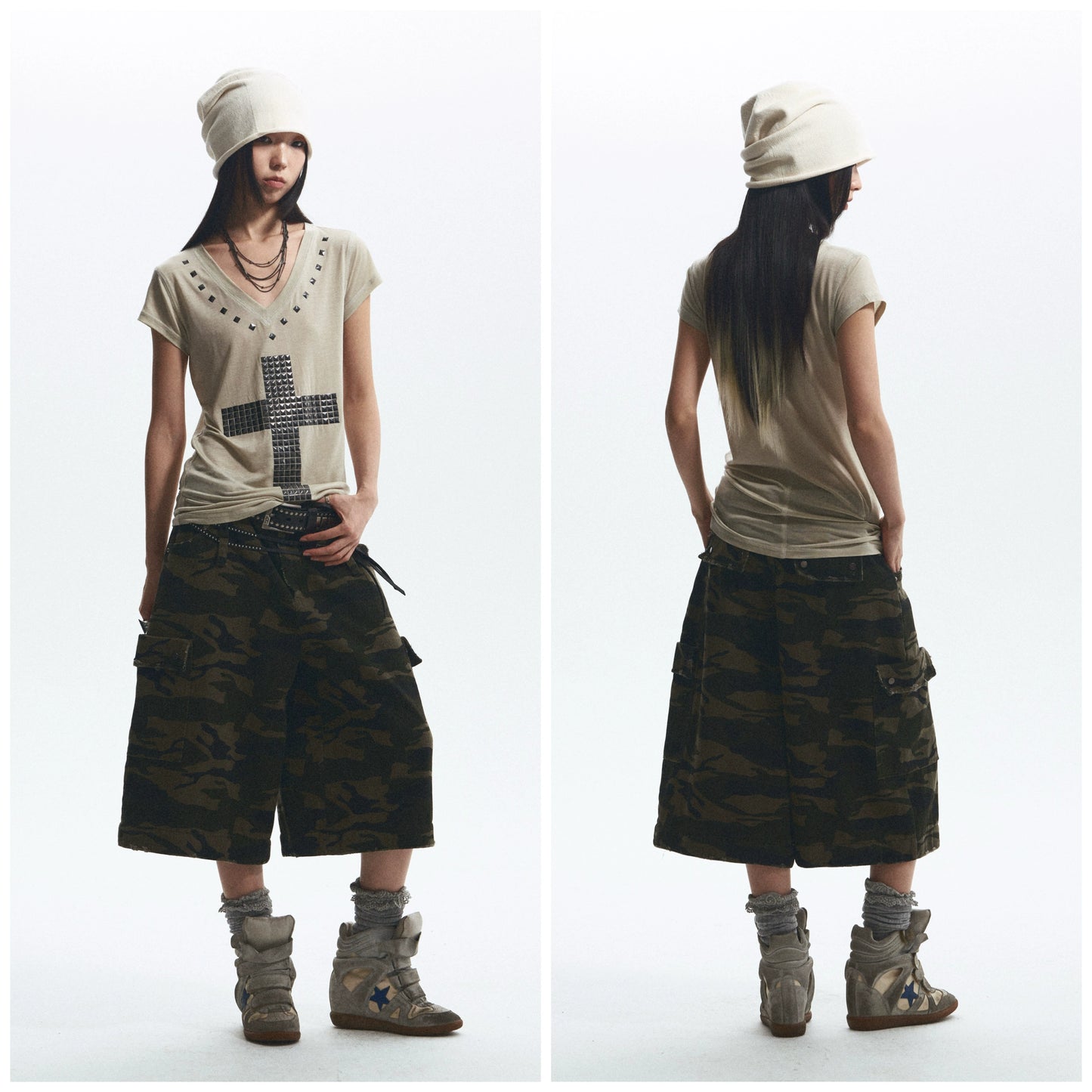 Three color cross hot stamping diamond V-neck short sleeved T-shirt