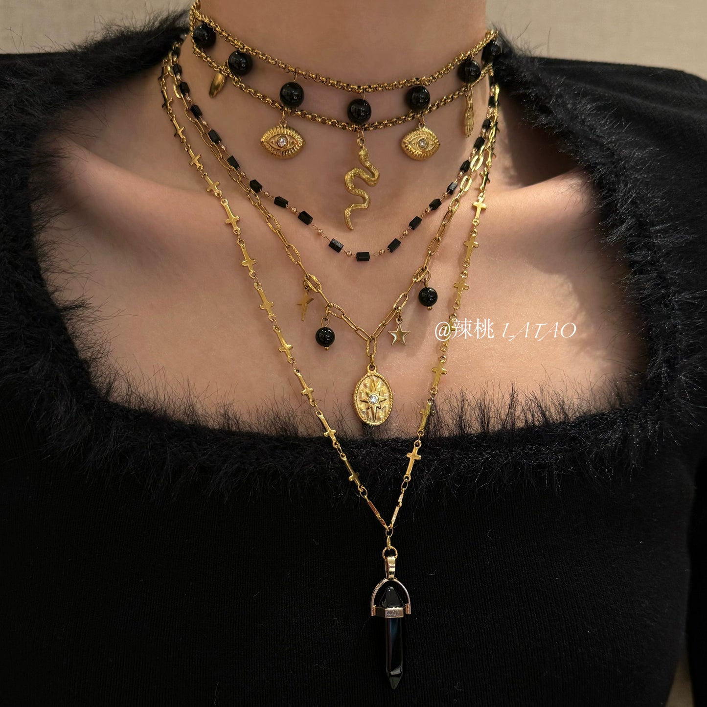 Midnight Sniper Black Gold Medusa Snake Titanium Steel Agate Necklace