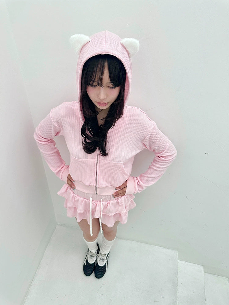 Cat pink knitted short sweater, mini skirt