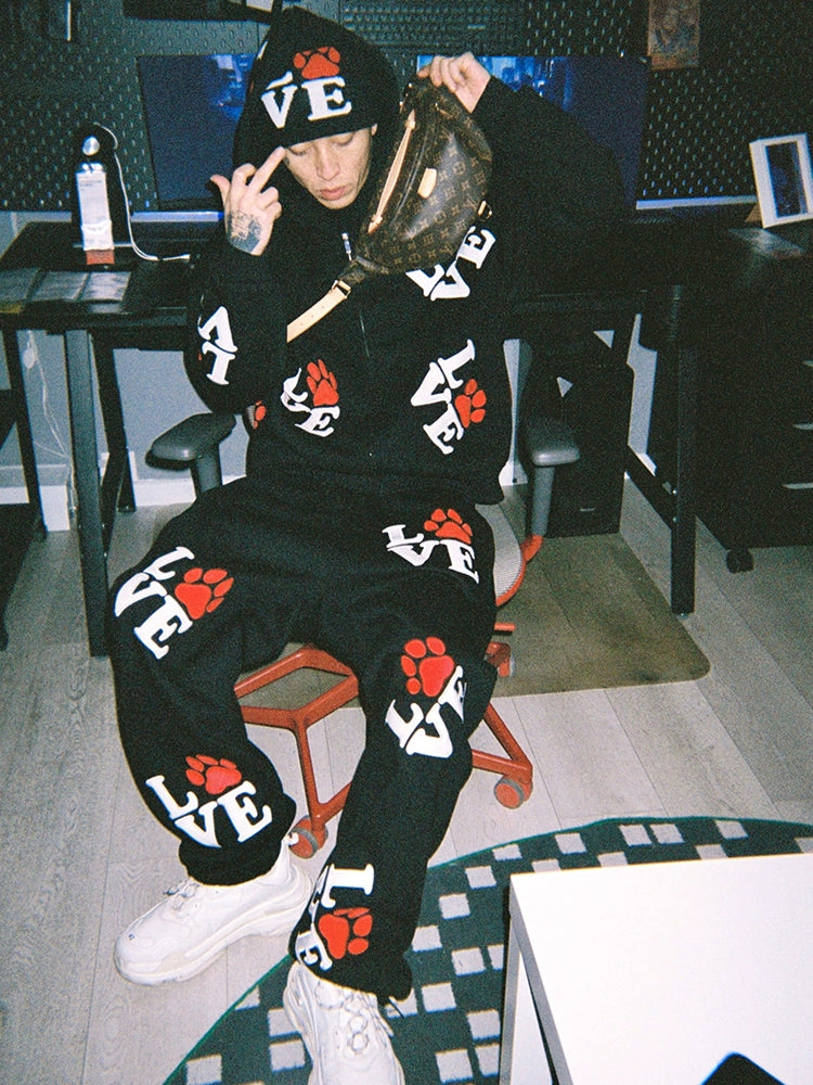 LOVE Patch Embroidered Fleece Hooded Sweater Set