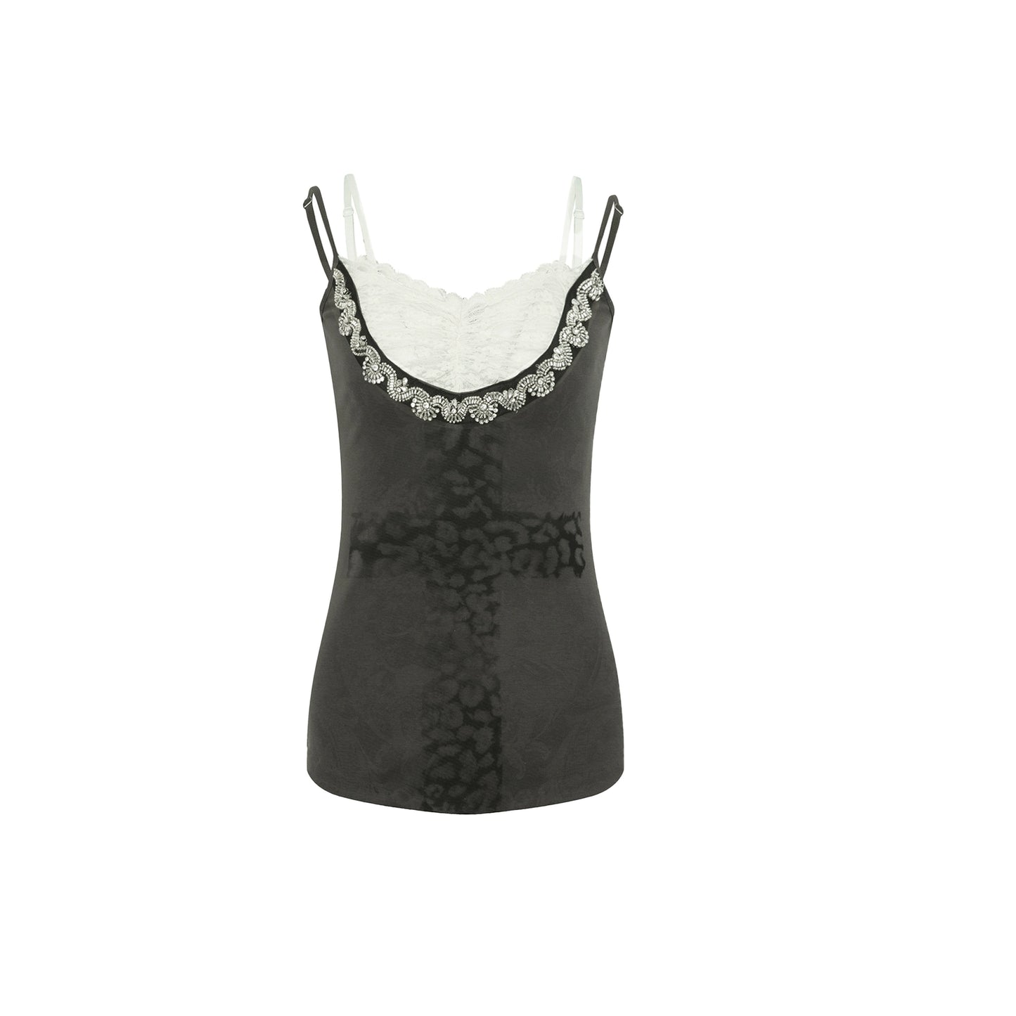 Fake two lace knitted rhinestone cross printed cami