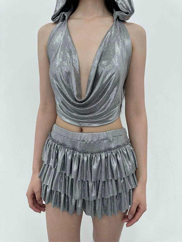silver grey top rhinestone backless irregular set