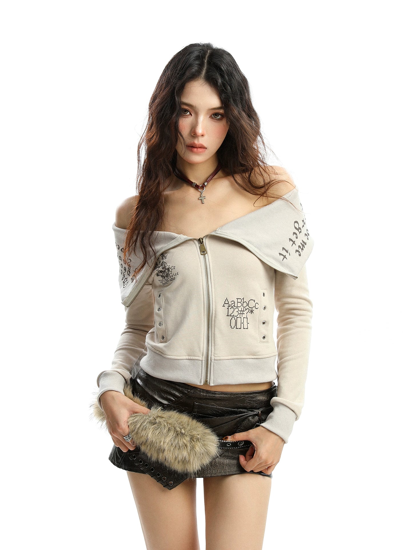 Large collar zipper one shoulder hoodie