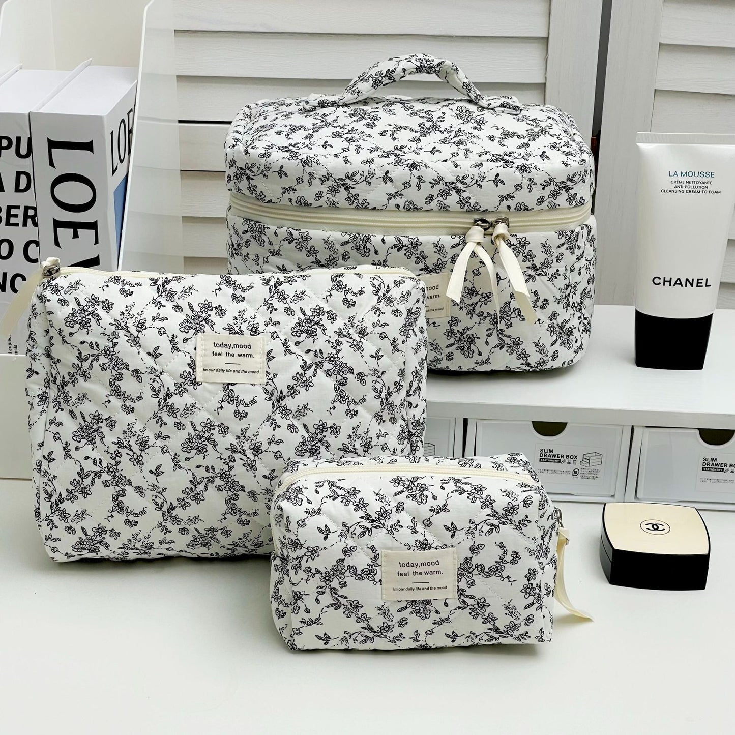 French black and white floral makeup bag