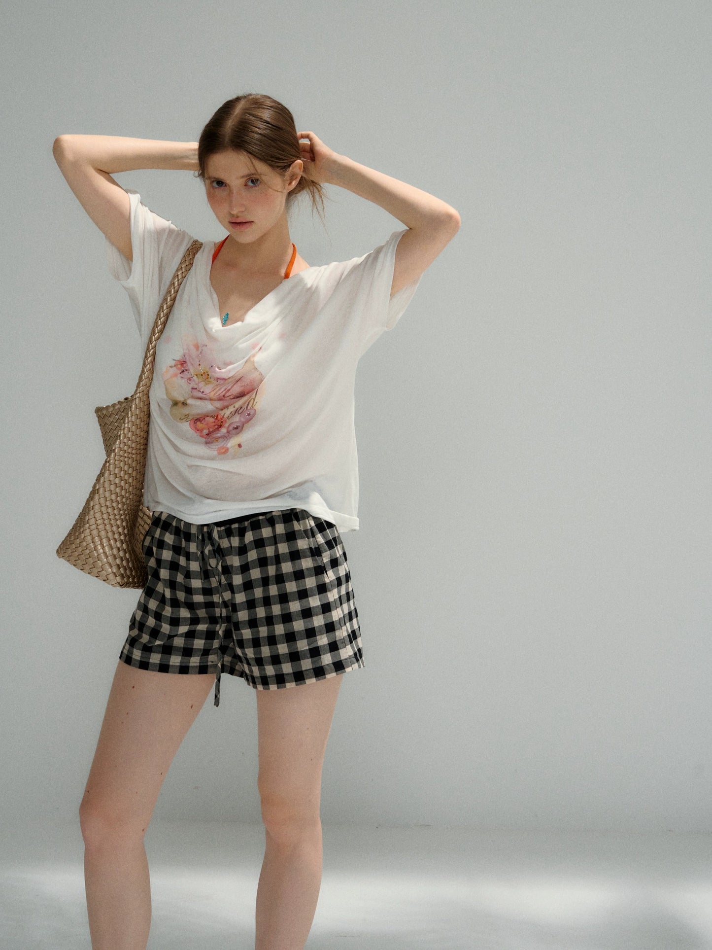 Lyocell Tencel Printed Rhinestone Top - Elbow Sleeve