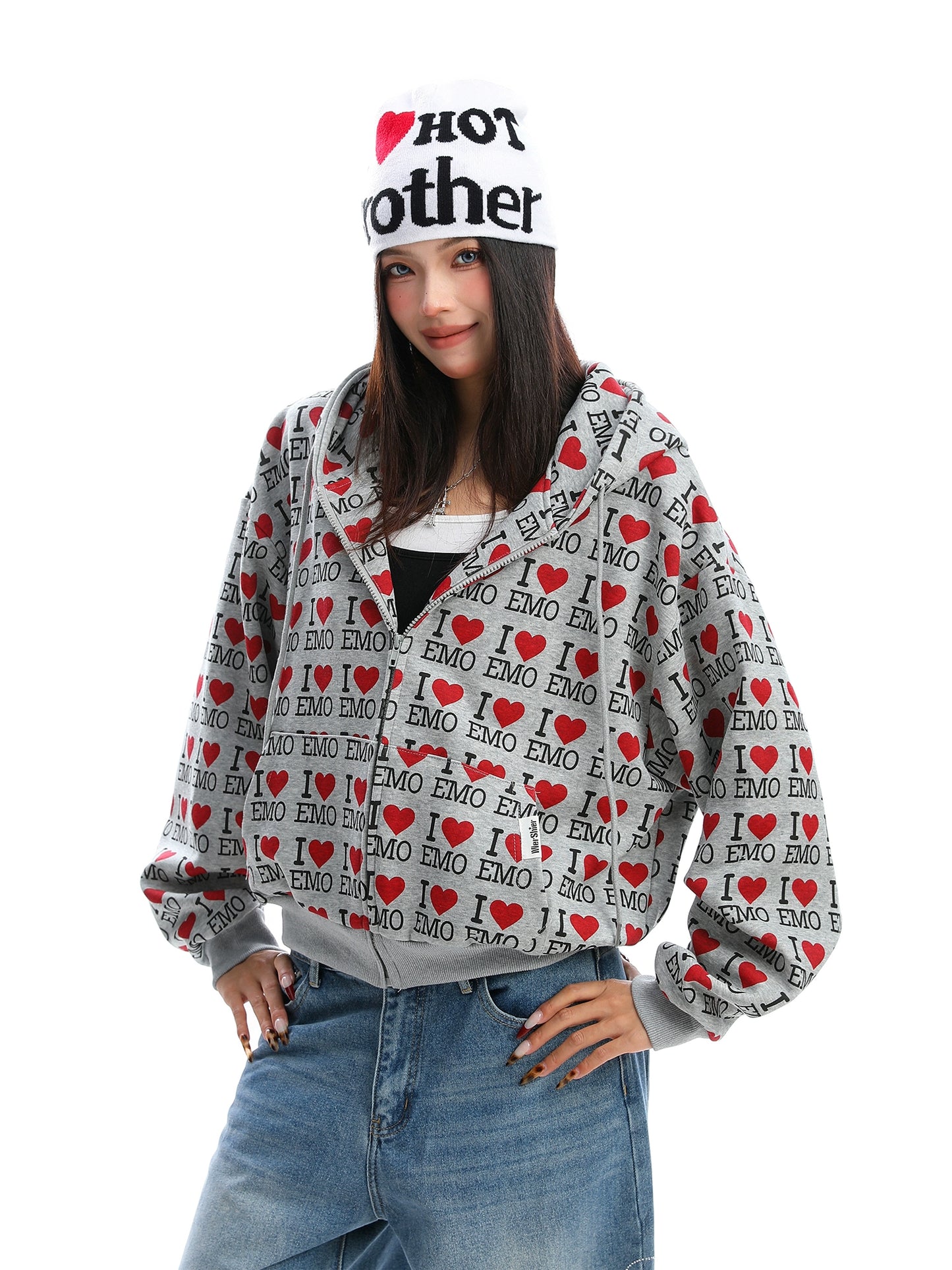 Full printed English love hooded sweatshirt