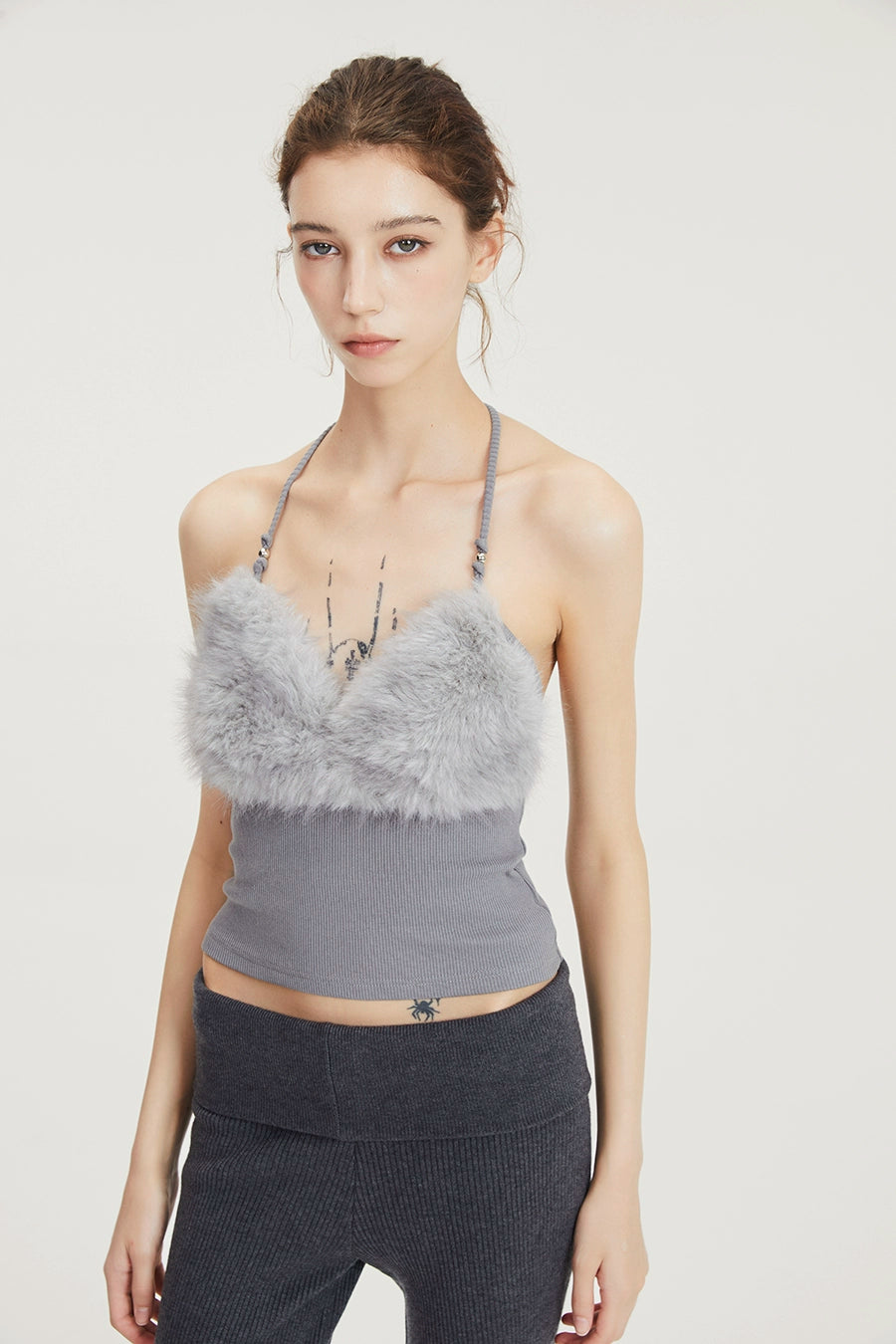 Grey Splicing faux fur cami