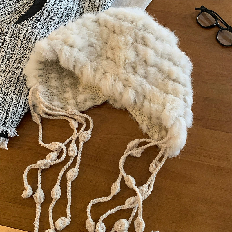 Red rabbit fur knitted plush hat