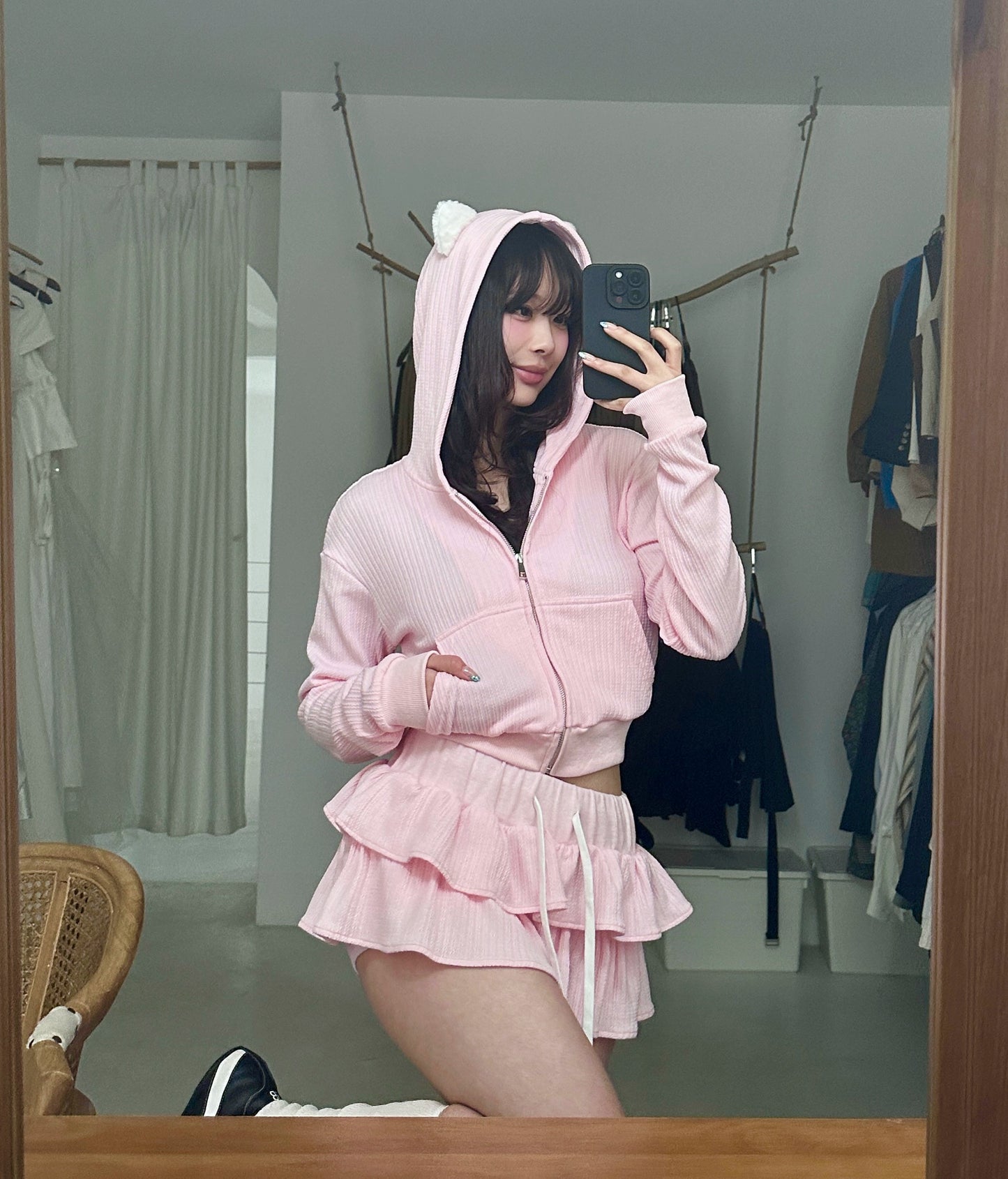 Cat pink knitted short sweater, mini skirt