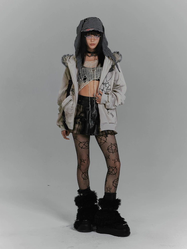 Rabbit ear hooded jacket, grey cotton coat