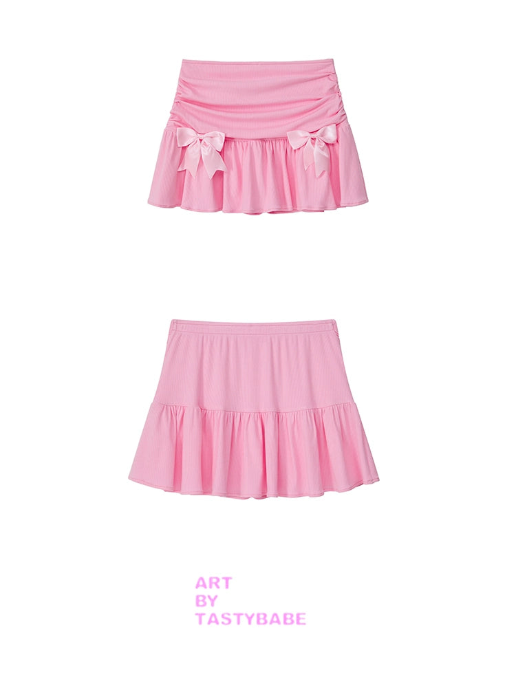Pink bow knitted pleated skirt