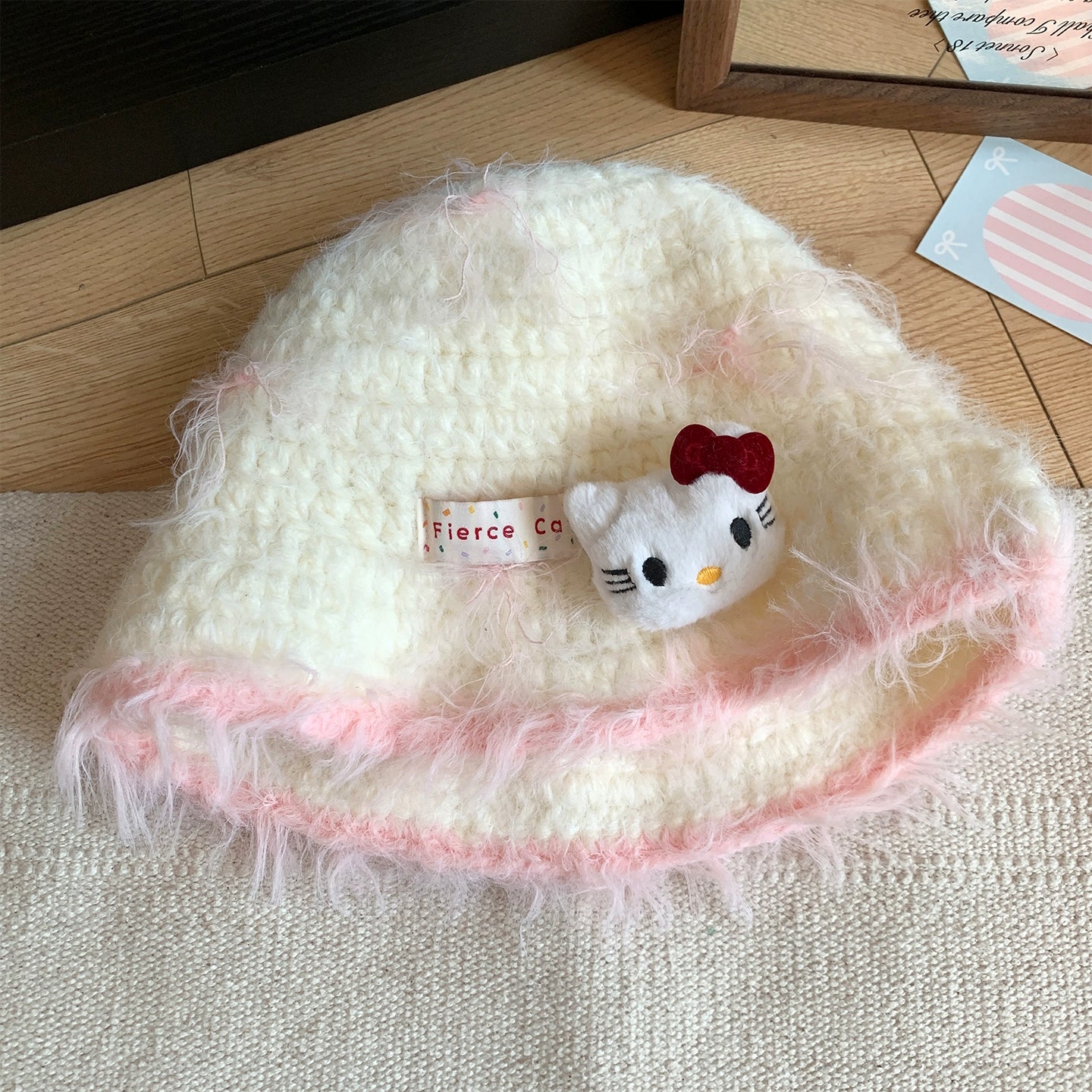 Kitty cat plush knitted fisherman hat